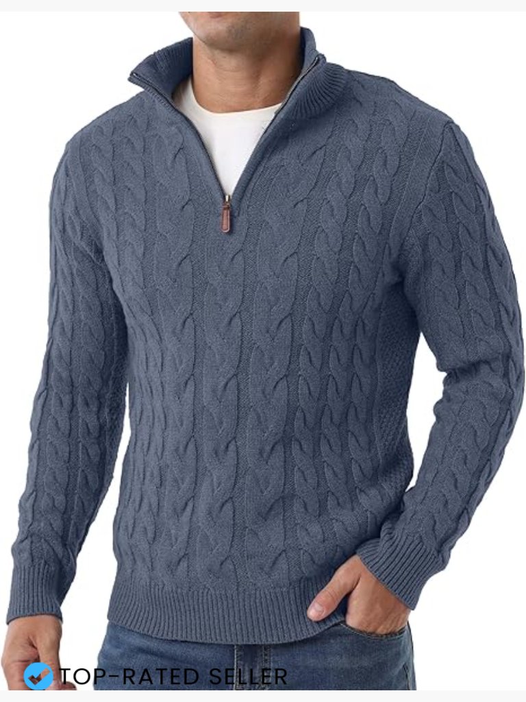 Men's Cable Knit Quarter Zip Pullover Classic Mock Neck Sweater Thick Warm